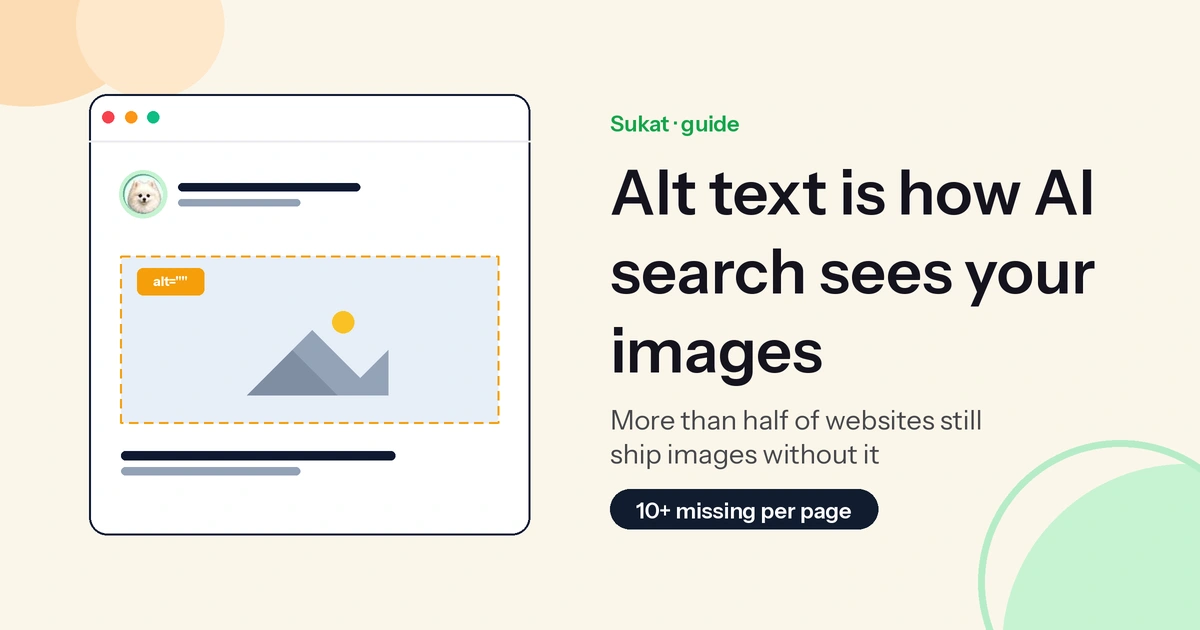 Sukat Inspector listing a page's images with their alt text, flagging the ones missing an alt attribute.