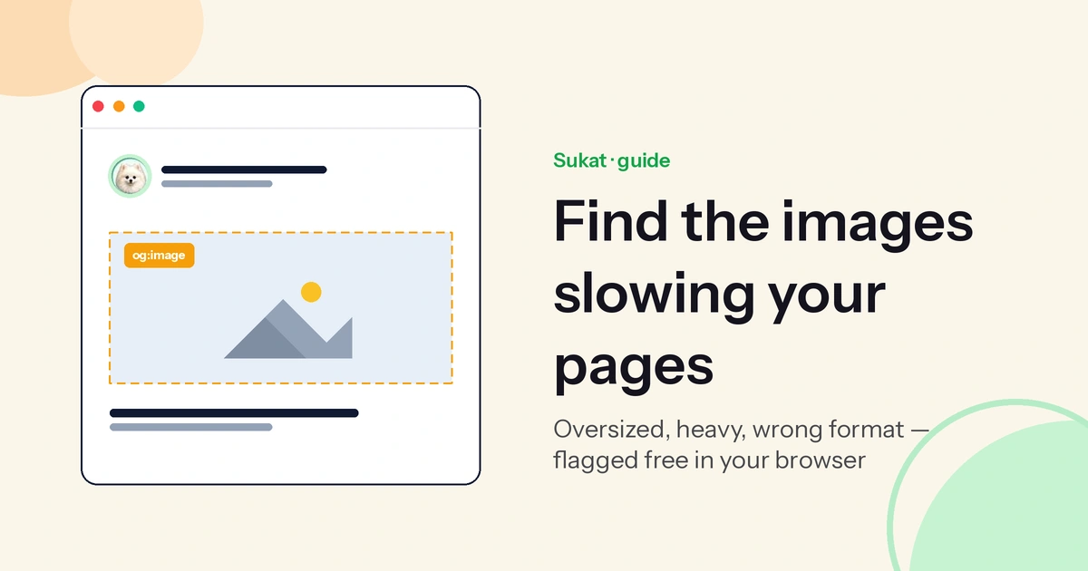 Sukat Inspector auditing a page's images, flagging oversized, heavy, wrong-format, and alt-less files.