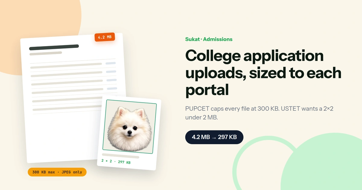 Sukat blog banner: a tilted report card sheet tagged 4.2 MB beside a 2 × 2 ID card at 297 KB and a “300 KB max · JPEG only” capsule, next to the headline “College application uploads, sized to each portal”.