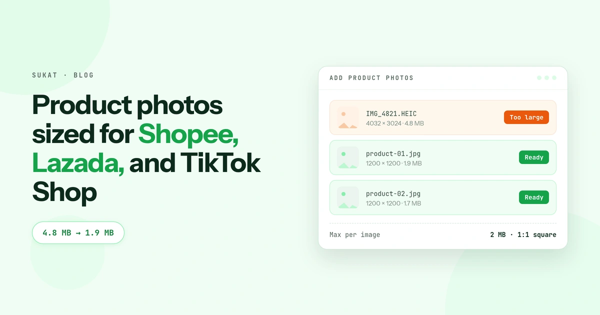 Sukat blog banner: a marketplace listing upload showing a 4.8 MB photo rejected against a 2 MB cap, beside the headline “Product photos sized for Shopee, Lazada, and TikTok Shop”.