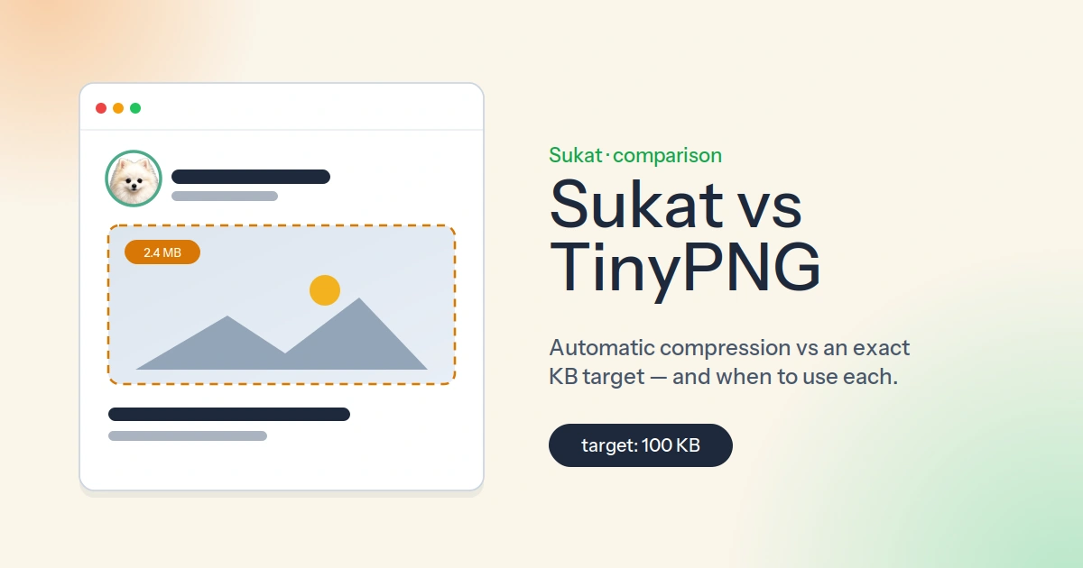Sukat blog banner comparing Sukat and TinyPNG: two compression tools side by side, with Sukat dialled to an exact target file size.