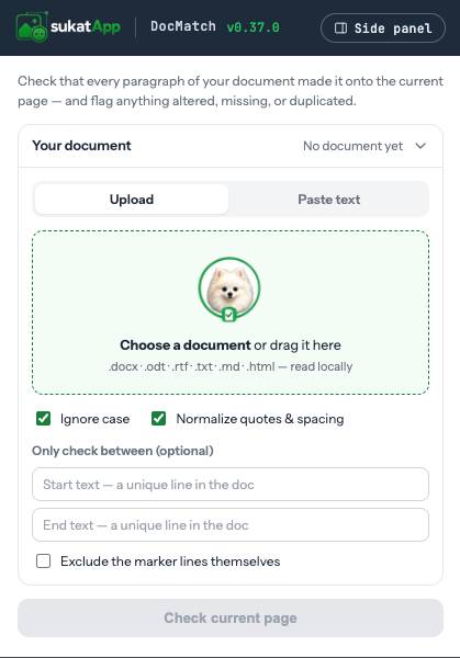 Sukat DocMatch popup showing the Your-document panel with Upload and Paste-text tabs, a drag-and-drop zone, and ignore-case and normalize options.