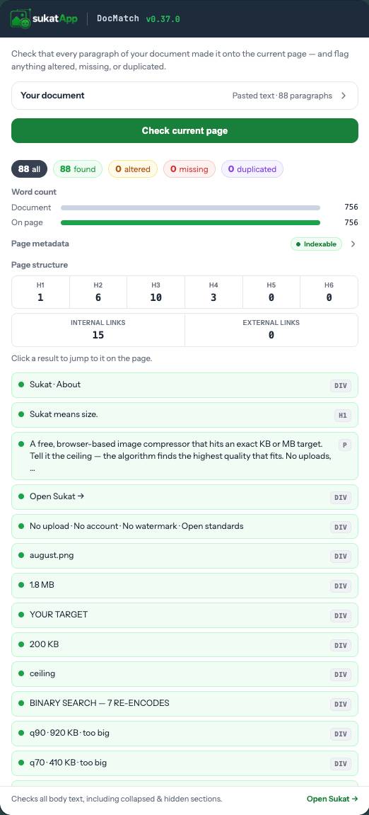 Sukat DocMatch side panel showing the full results list with each paragraph tagged by the element it landed in, plus word-count, metadata, and structure panels.