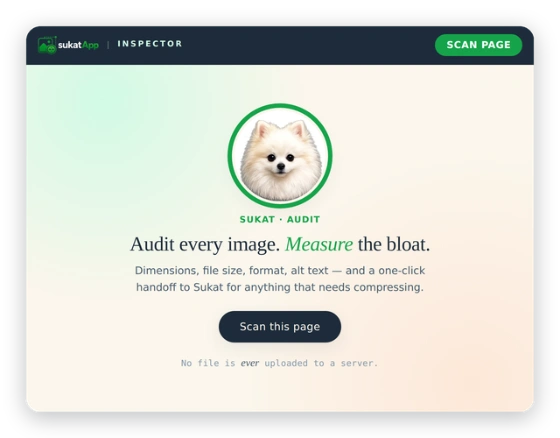 Sukat Inspector empty state — Audit every image. Measure the bloat.