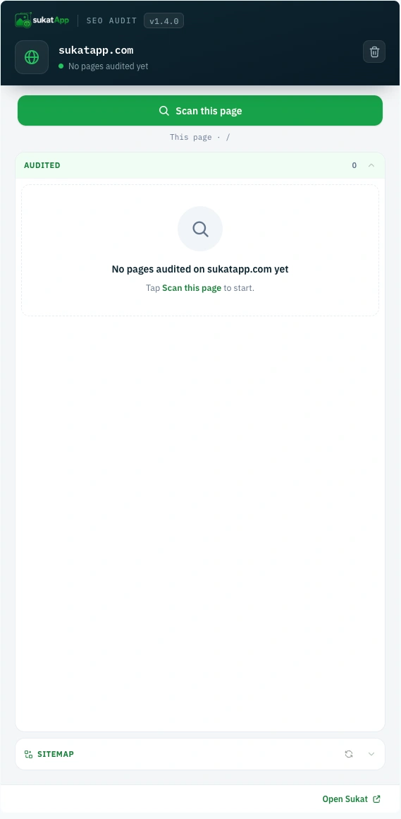 The Sukat SEO audit panel before any scan: sukatapp.com with no pages audited yet and a Scan this page button.