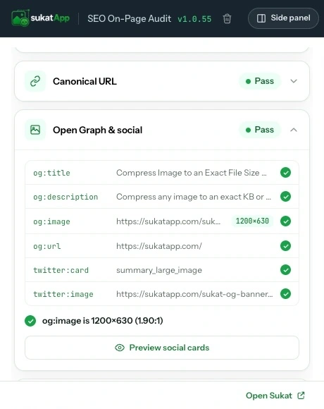 The Open Graph and social check: og:title, description, image, url, and Twitter tags each passing, with og:image confirmed 1200×630.