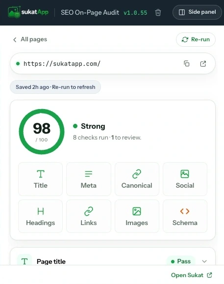 A single page audit scoring 98 out of 100, with the eight on-page checks: title, meta, canonical, social, headings, links, images, and schema.